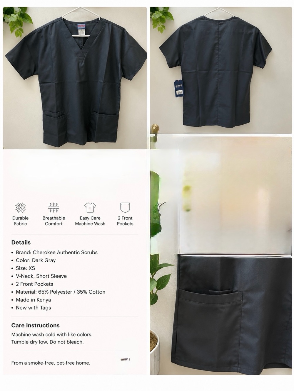Cherokee Workwear Authentic Scrub Top XS Dark Gray NWT V-Neck Uniform